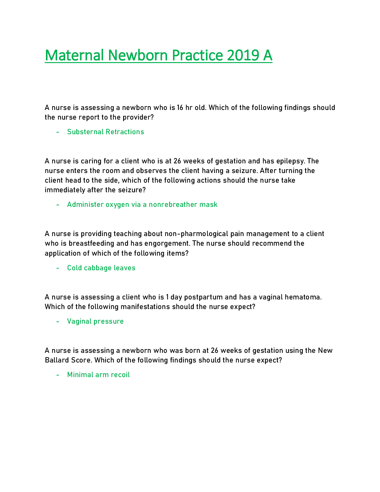 Preview of Maternal Newborn Practice 2019 A (Graded A)
